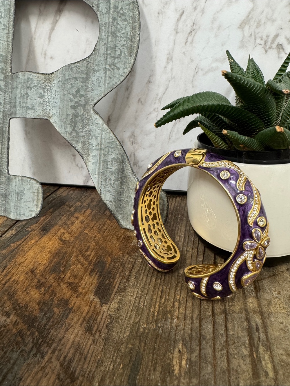 Joan Boyce Clear and Purple Crystal Enamel Kissable Cuff Bangle Bracelet